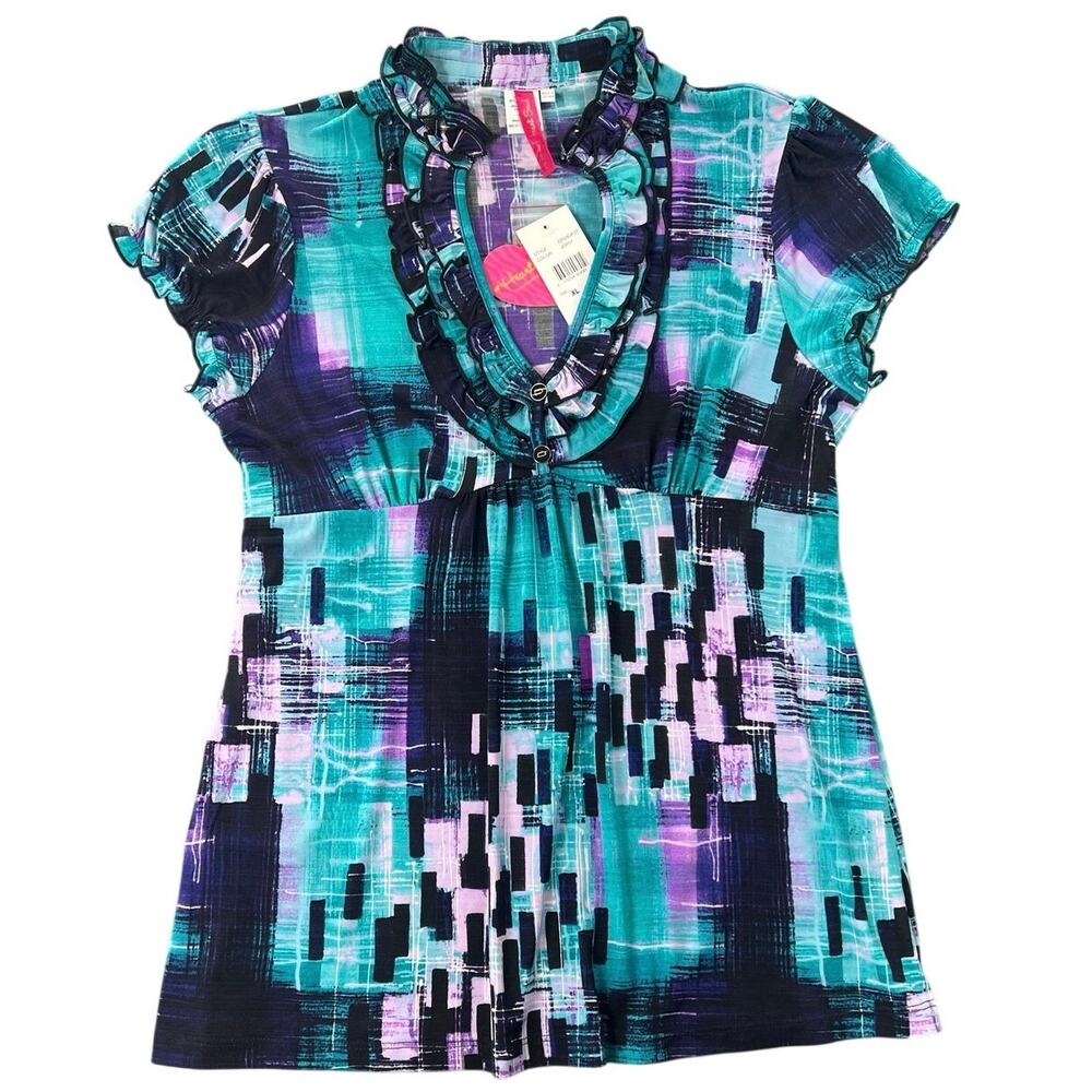 NWT HeartSoul Y2K Abstract Ruffle Babydoll Top Teal Purple XL